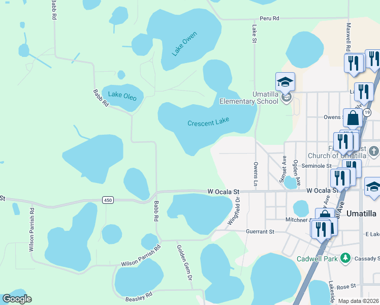 map of restaurants, bars, coffee shops, grocery stores, and more near 16655 County Road 450 in Umatilla
