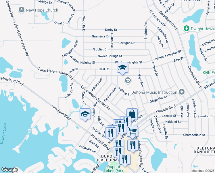 map of restaurants, bars, coffee shops, grocery stores, and more near 2442 Austin Avenue in Deltona