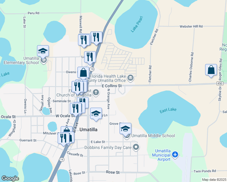 map of restaurants, bars, coffee shops, grocery stores, and more near 220 East Collins Street in Umatilla