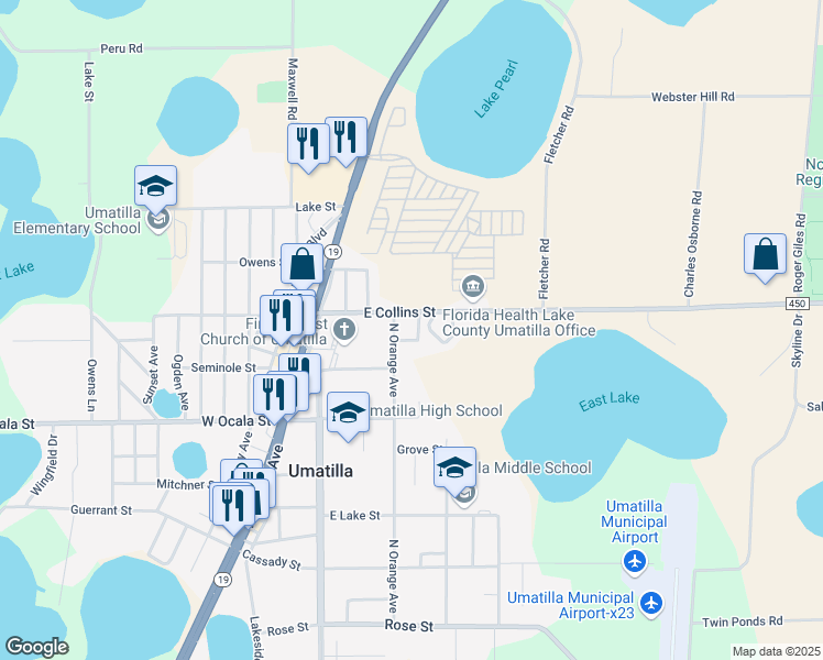 map of restaurants, bars, coffee shops, grocery stores, and more near 220 East Collins Street in Umatilla