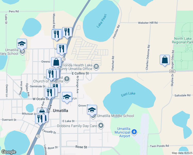 map of restaurants, bars, coffee shops, grocery stores, and more near 310 East Collins Street in Umatilla