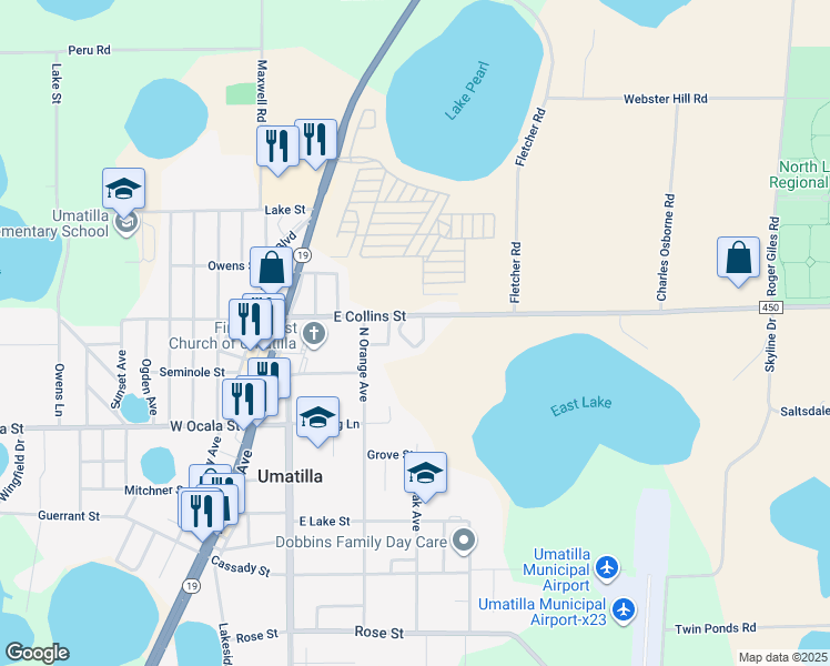 map of restaurants, bars, coffee shops, grocery stores, and more near 220 East Collins Street in Umatilla