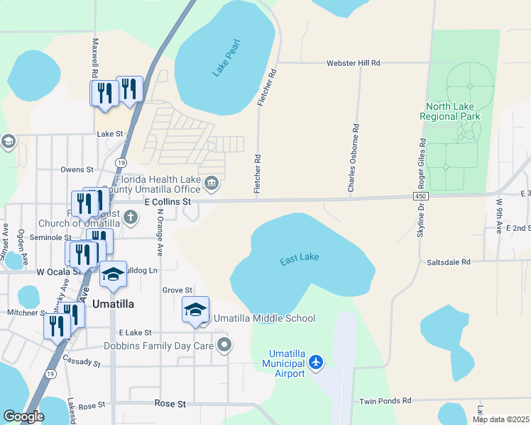 map of restaurants, bars, coffee shops, grocery stores, and more near 450 East Collins Street in Umatilla