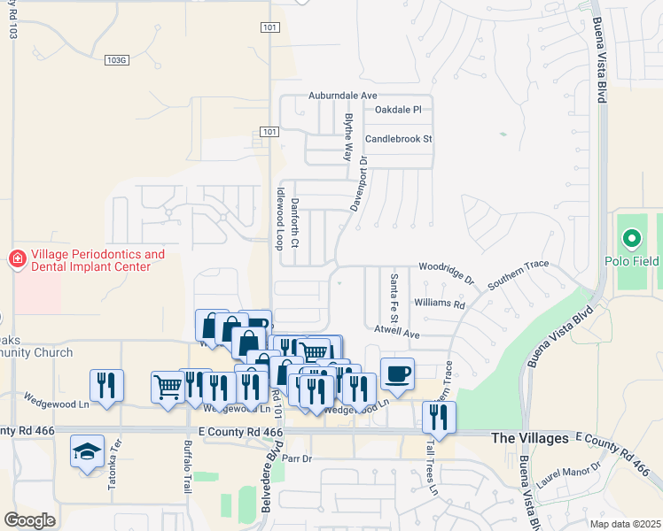 map of restaurants, bars, coffee shops, grocery stores, and more near 3440 Idlewood Loop in The Villages