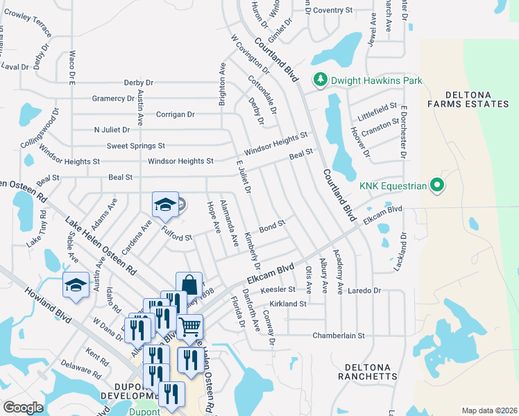 map of restaurants, bars, coffee shops, grocery stores, and more near 2540 Otis Avenue in Deltona
