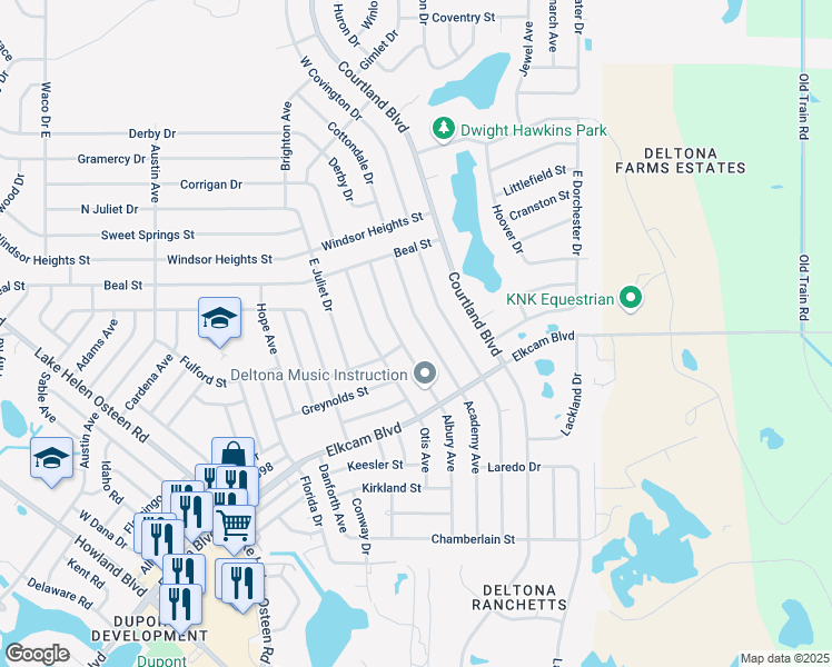 map of restaurants, bars, coffee shops, grocery stores, and more near 2573 Albury Avenue in Deltona