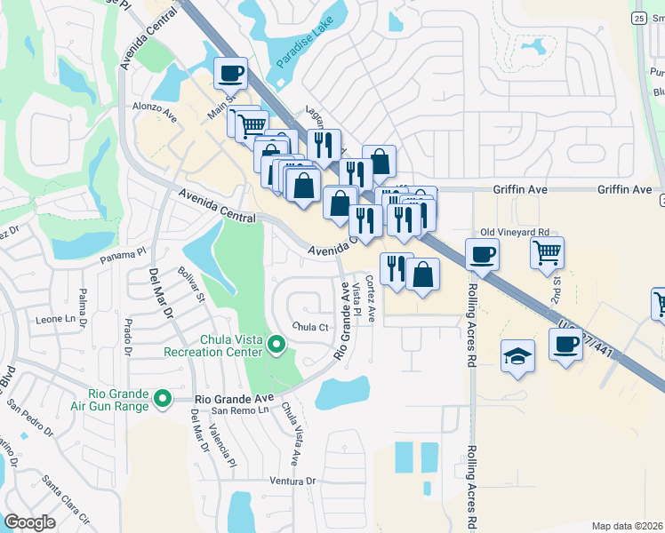 map of restaurants, bars, coffee shops, grocery stores, and more near 950 Avalon Avenue in Lady Lake