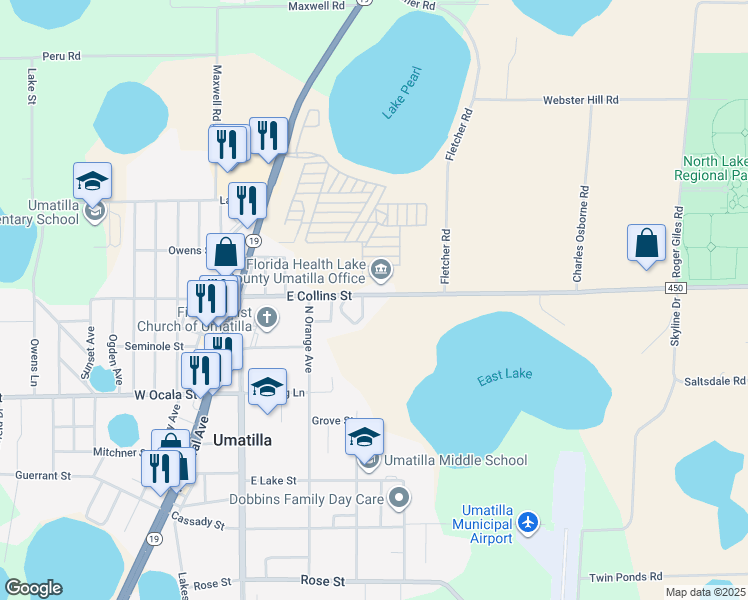 map of restaurants, bars, coffee shops, grocery stores, and more near 310 East Collins Street in Umatilla