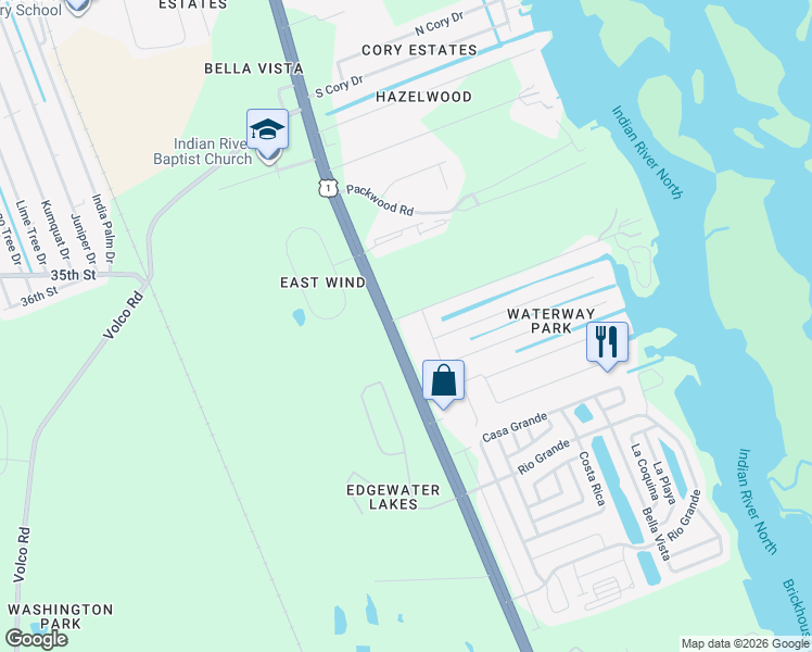 map of restaurants, bars, coffee shops, grocery stores, and more near 3625 U.S. 1 in Edgewater