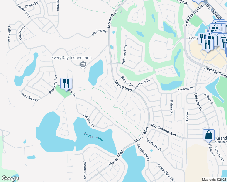 map of restaurants, bars, coffee shops, grocery stores, and more near 865 Rialto Road in The Villages