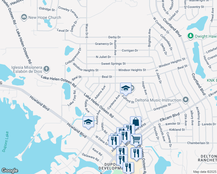 map of restaurants, bars, coffee shops, grocery stores, and more near 2490 Barbarossa Avenue in Deltona