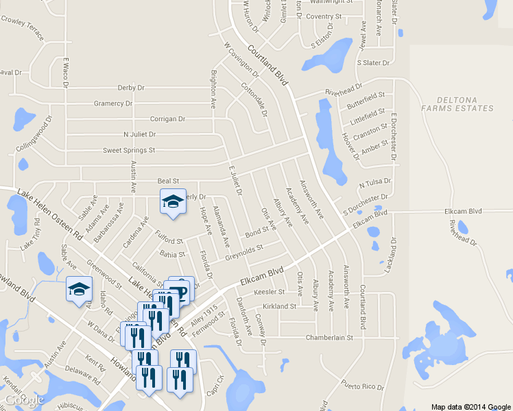 map of restaurants, bars, coffee shops, grocery stores, and more near 2540 Otis Avenue in Deltona