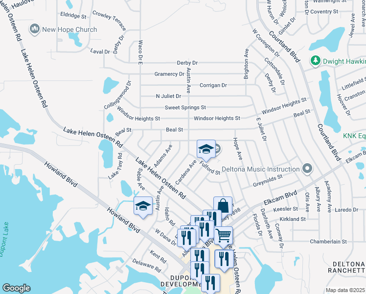 map of restaurants, bars, coffee shops, grocery stores, and more near 2490 Barbarossa Avenue in Deltona