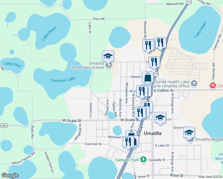 map of restaurants, bars, coffee shops, grocery stores, and more near 382 West Collins Street in Umatilla