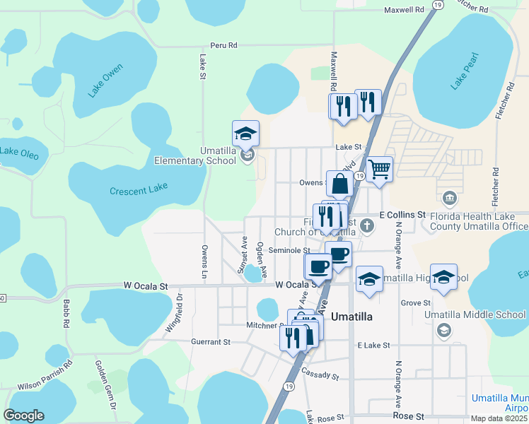 map of restaurants, bars, coffee shops, grocery stores, and more near 352 West Collins Street in Umatilla