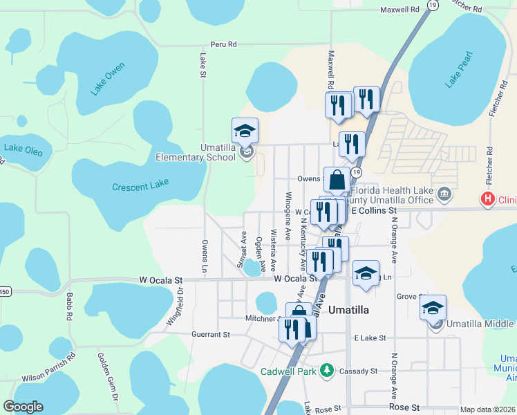 map of restaurants, bars, coffee shops, grocery stores, and more near 382 West Collins Street in Umatilla