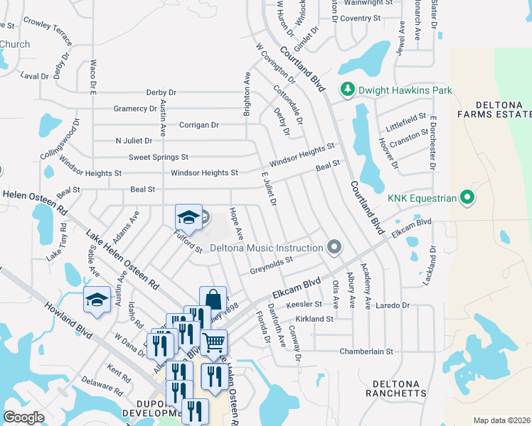 map of restaurants, bars, coffee shops, grocery stores, and more near 2479 Kimberly Drive in Deltona