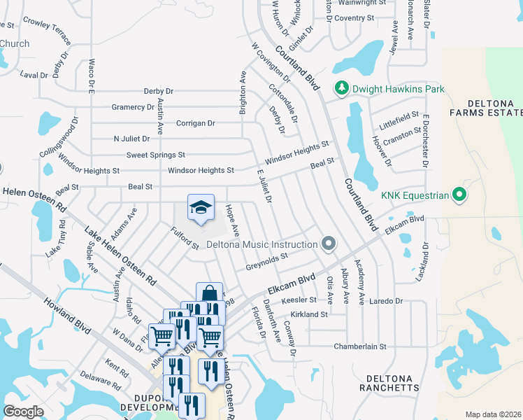map of restaurants, bars, coffee shops, grocery stores, and more near 2479 Kimberly Drive in Deltona
