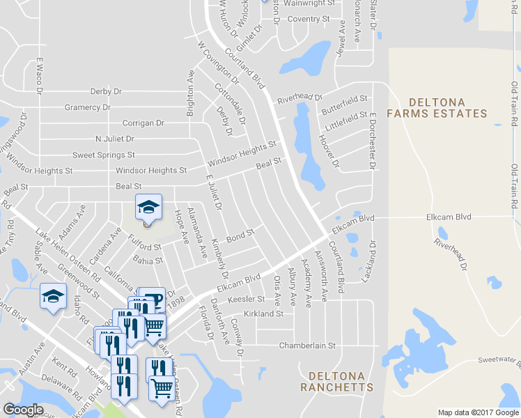 map of restaurants, bars, coffee shops, grocery stores, and more near 2573 Albury Avenue in Deltona
