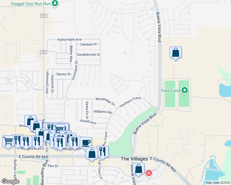 map of restaurants, bars, coffee shops, grocery stores, and more near 3289 Archer Avenue in The Villages