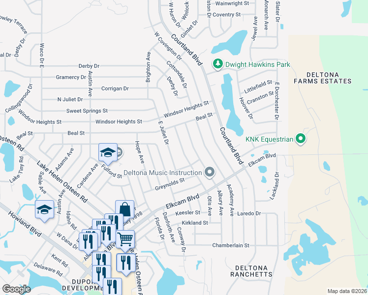 map of restaurants, bars, coffee shops, grocery stores, and more near 2547 Otis Avenue in Deltona
