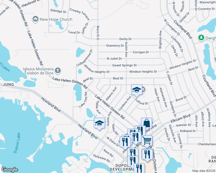 map of restaurants, bars, coffee shops, grocery stores, and more near 2661 Kimberly Drive in Deltona