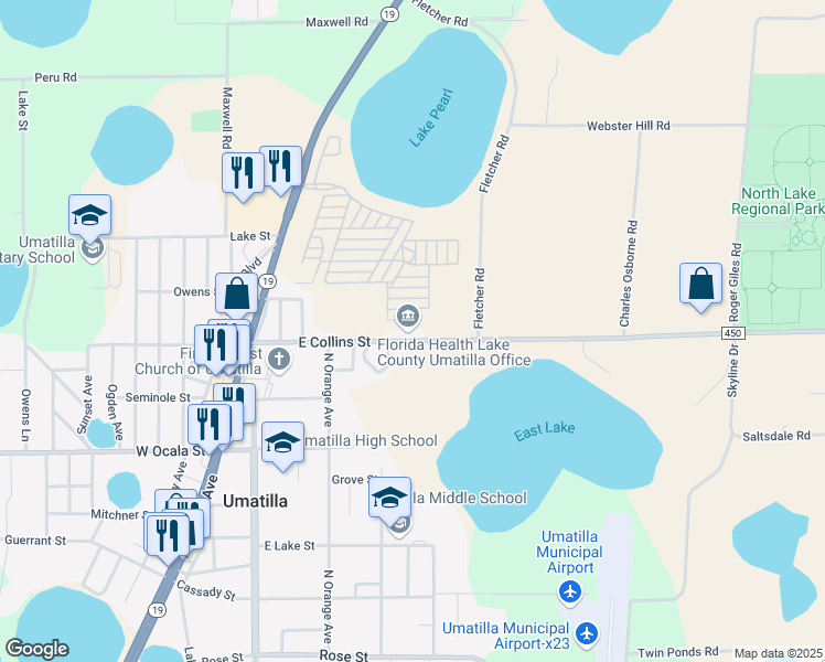 map of restaurants, bars, coffee shops, grocery stores, and more near 249 East Collins Street in Umatilla