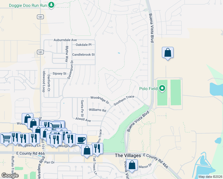 map of restaurants, bars, coffee shops, grocery stores, and more near 3289 Archer Avenue in The Villages