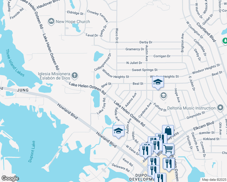 map of restaurants, bars, coffee shops, grocery stores, and more near 2544 Lawler Lane in Deltona