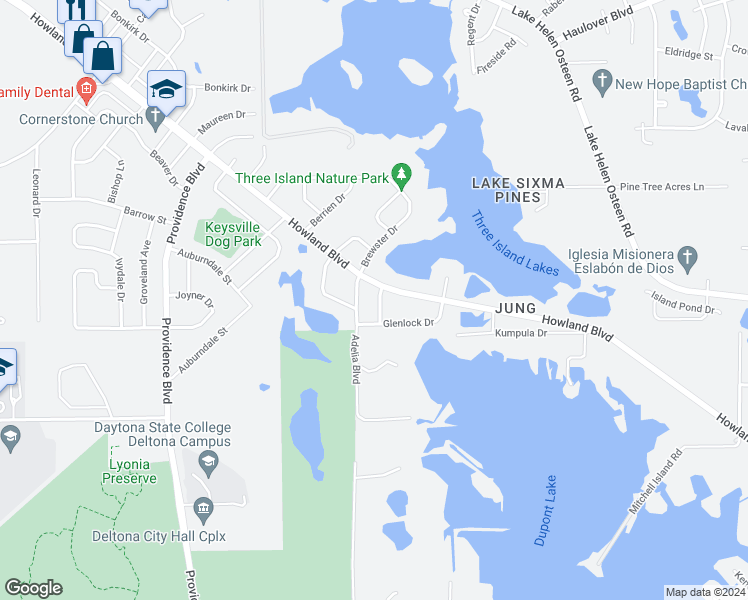 map of restaurants, bars, coffee shops, grocery stores, and more near 2585 Millwood Avenue in Deltona