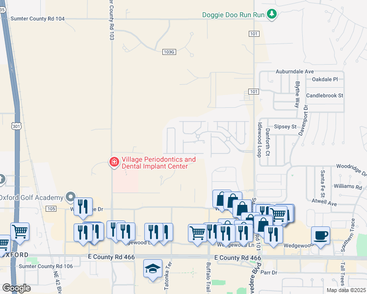 map of restaurants, bars, coffee shops, grocery stores, and more near Northeast 48th Way in Oxford
