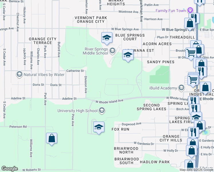 map of restaurants, bars, coffee shops, grocery stores, and more near 902 Lady Bird Lane in Orange City