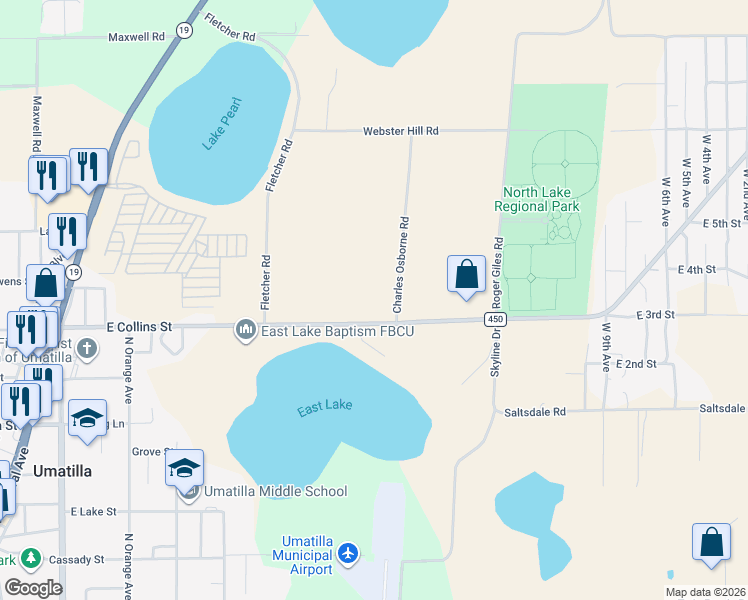 map of restaurants, bars, coffee shops, grocery stores, and more near 40508 Charles Osborne Road in Umatilla