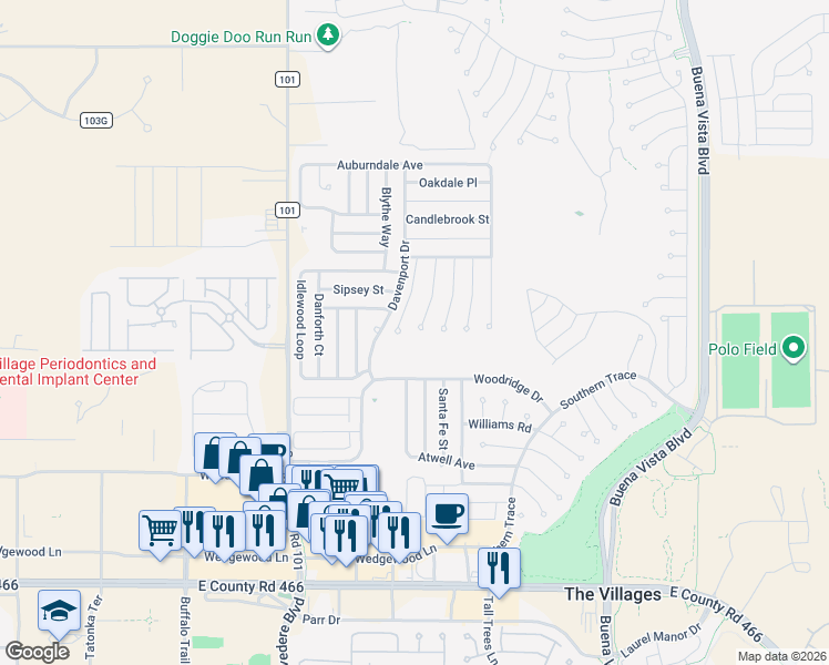 map of restaurants, bars, coffee shops, grocery stores, and more near 941 Eastmont Court in The Villages