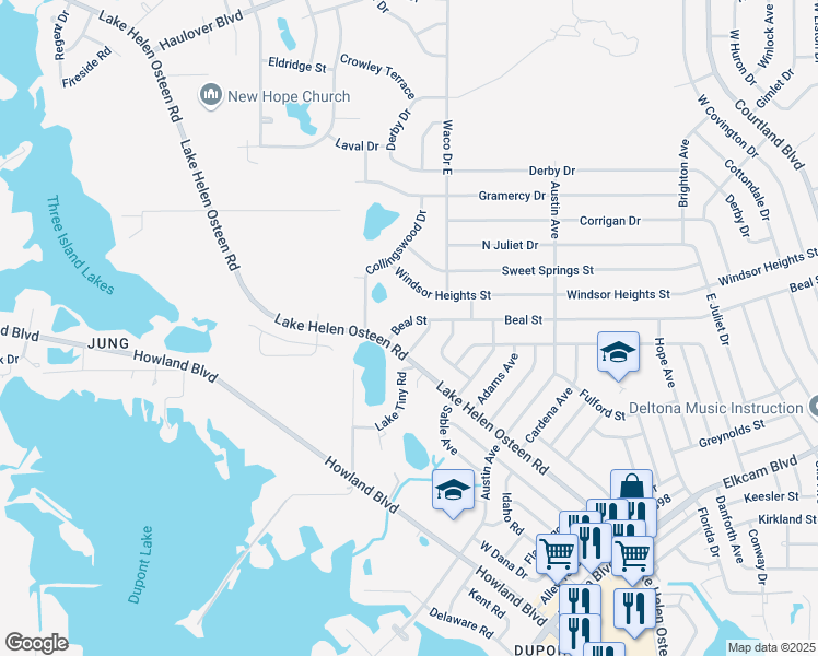 map of restaurants, bars, coffee shops, grocery stores, and more near 2562 Beal Street in Deltona