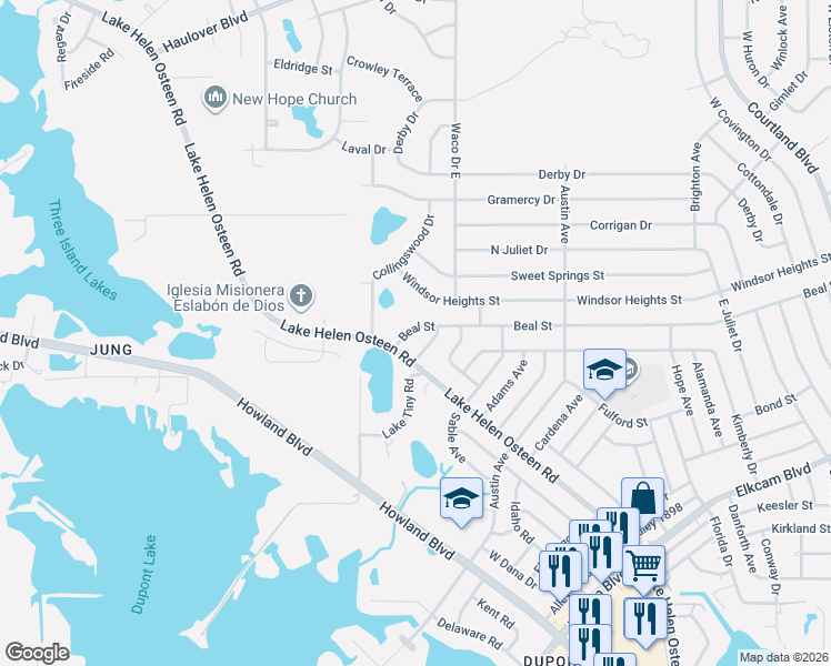 map of restaurants, bars, coffee shops, grocery stores, and more near 2562 Beal Street in Deltona
