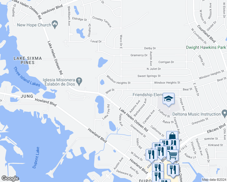 map of restaurants, bars, coffee shops, grocery stores, and more near 2581 Beal Street in Deltona