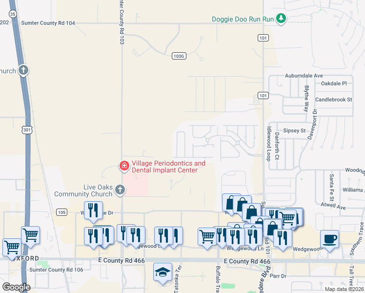 map of restaurants, bars, coffee shops, grocery stores, and more near 12324 Northeast 48th Loop in Oxford