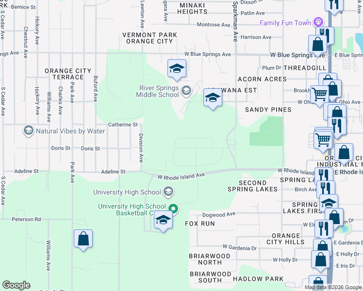 map of restaurants, bars, coffee shops, grocery stores, and more near 891 Lady Bird Lane in Orange City