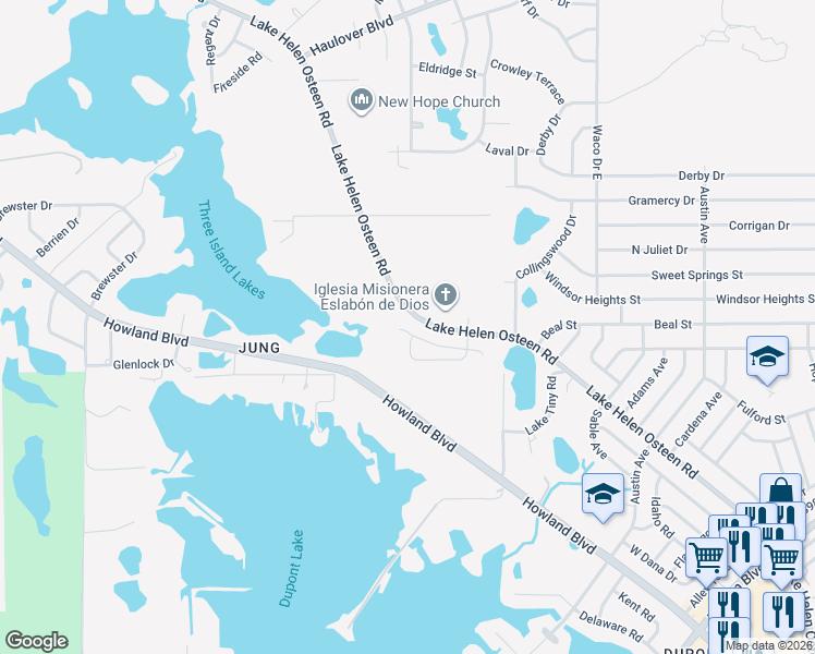 map of restaurants, bars, coffee shops, grocery stores, and more near Lake Helen Osteen Road in Deltona
