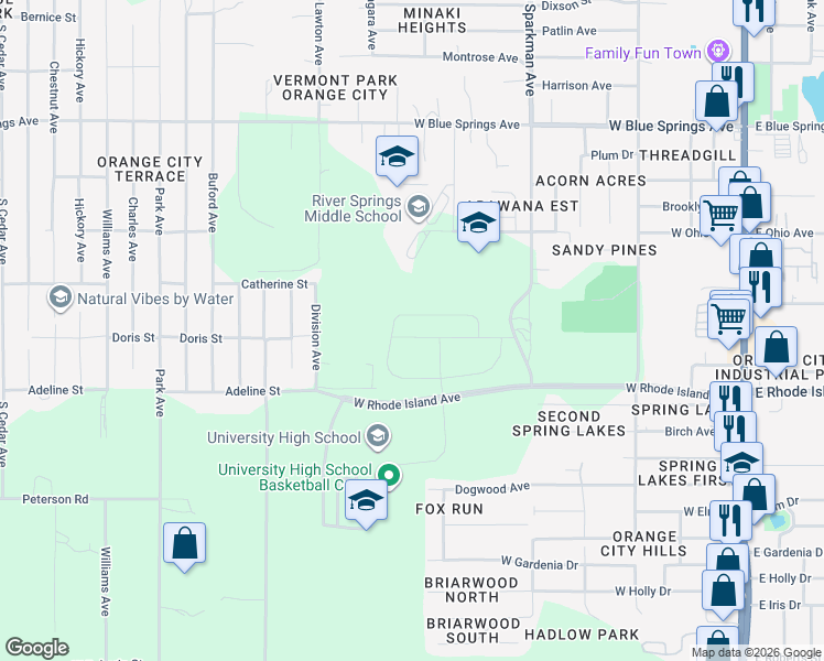 map of restaurants, bars, coffee shops, grocery stores, and more near 891 Lady Bird Lane in Orange City