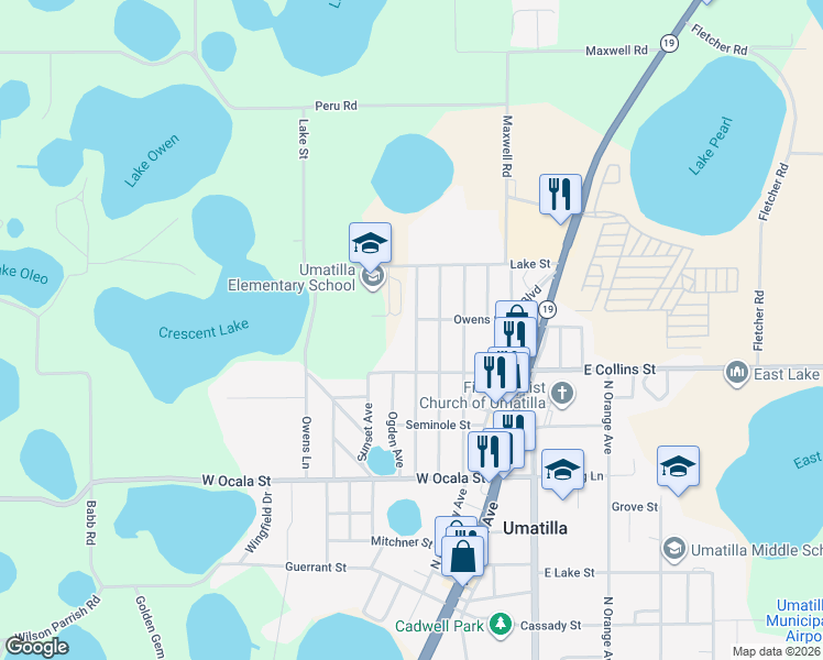map of restaurants, bars, coffee shops, grocery stores, and more near 671 Wisteria Avenue in Umatilla
