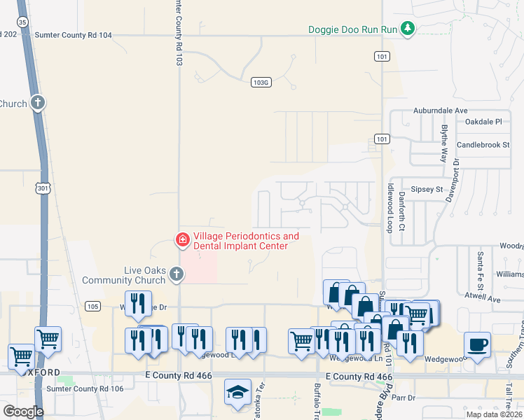 map of restaurants, bars, coffee shops, grocery stores, and more near 12324 Northeast 48th Loop in Oxford