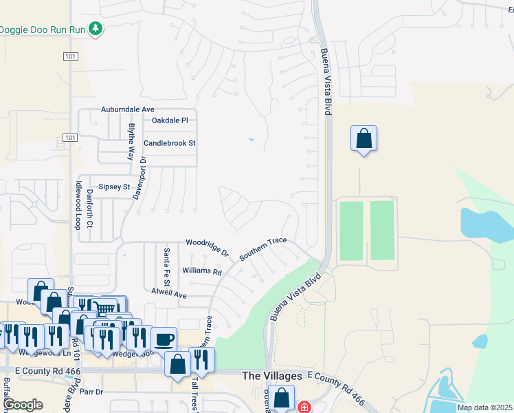 map of restaurants, bars, coffee shops, grocery stores, and more near 3129 Archer Road in The Villages