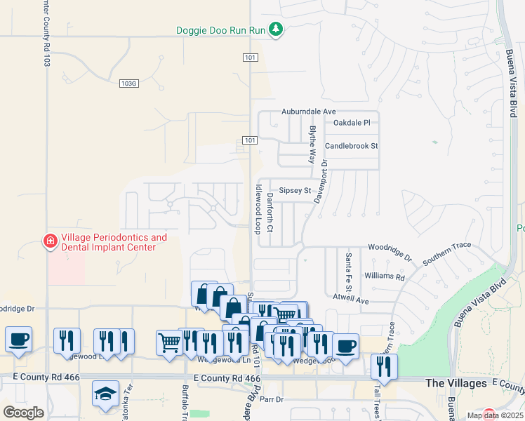 map of restaurants, bars, coffee shops, grocery stores, and more near 3553 Idlewood Loop in The Villages