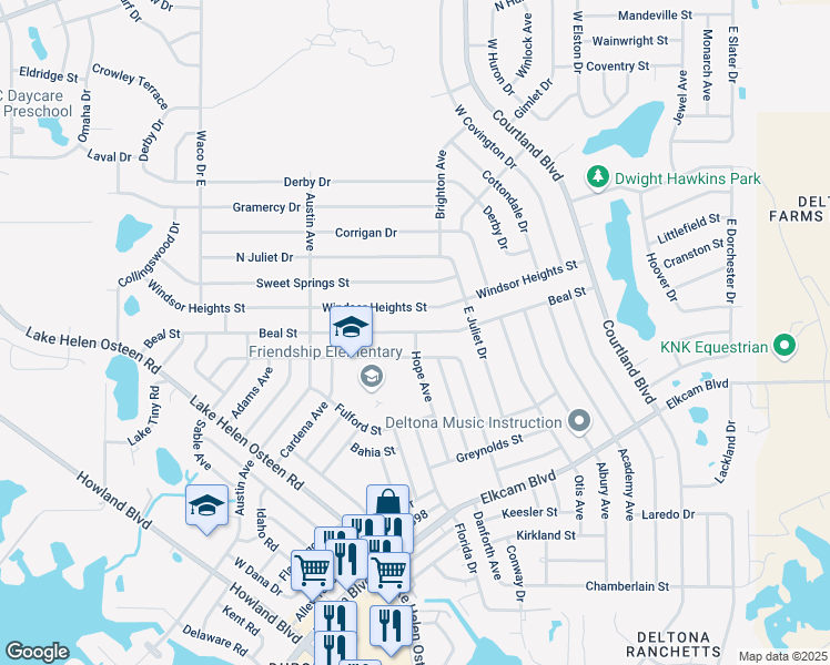 map of restaurants, bars, coffee shops, grocery stores, and more near 2875 Beal Street in Deltona