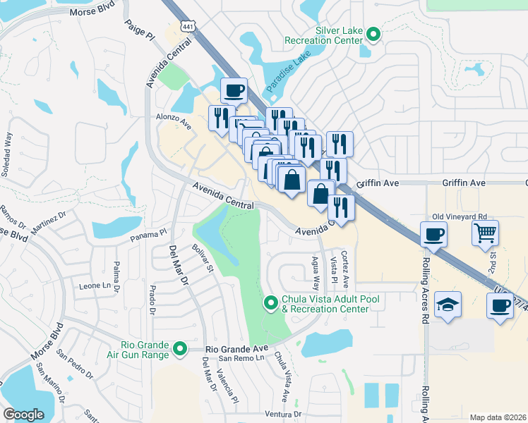 map of restaurants, bars, coffee shops, grocery stores, and more near 832 Las Cruces Court in Lady Lake