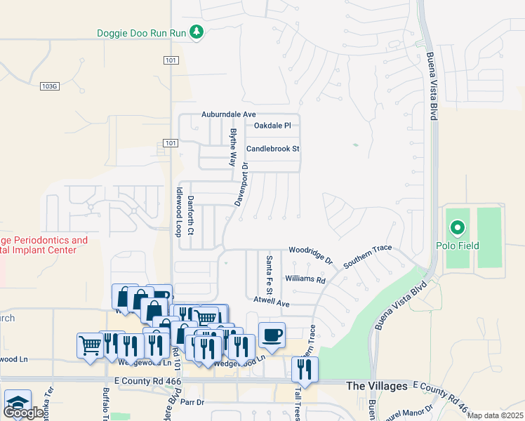 map of restaurants, bars, coffee shops, grocery stores, and more near 941 Eastmont Court in The Villages