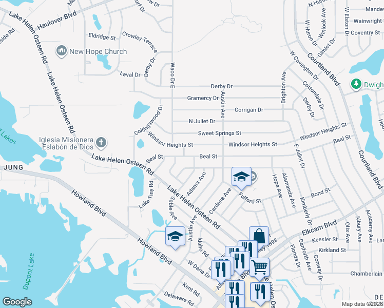 map of restaurants, bars, coffee shops, grocery stores, and more near 2644 Beal Street in Deltona