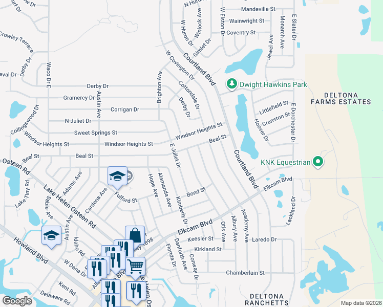 map of restaurants, bars, coffee shops, grocery stores, and more near 2595 Otis Avenue in Deltona